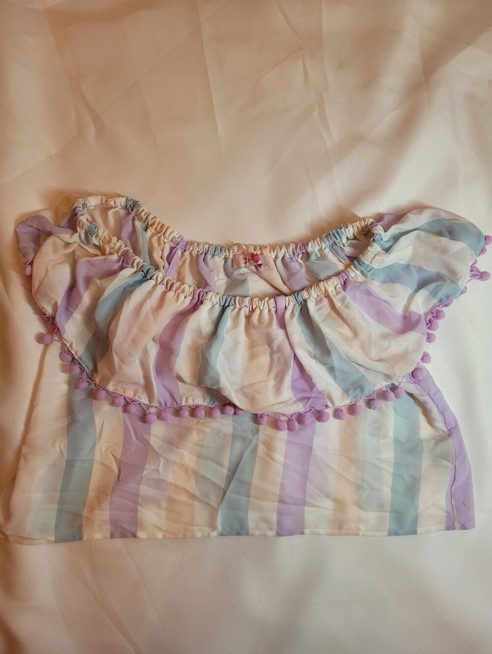 Buddy Love Treva Candy Top Pastel Striped Off-Shoulder Pom Pom Top Large NWT